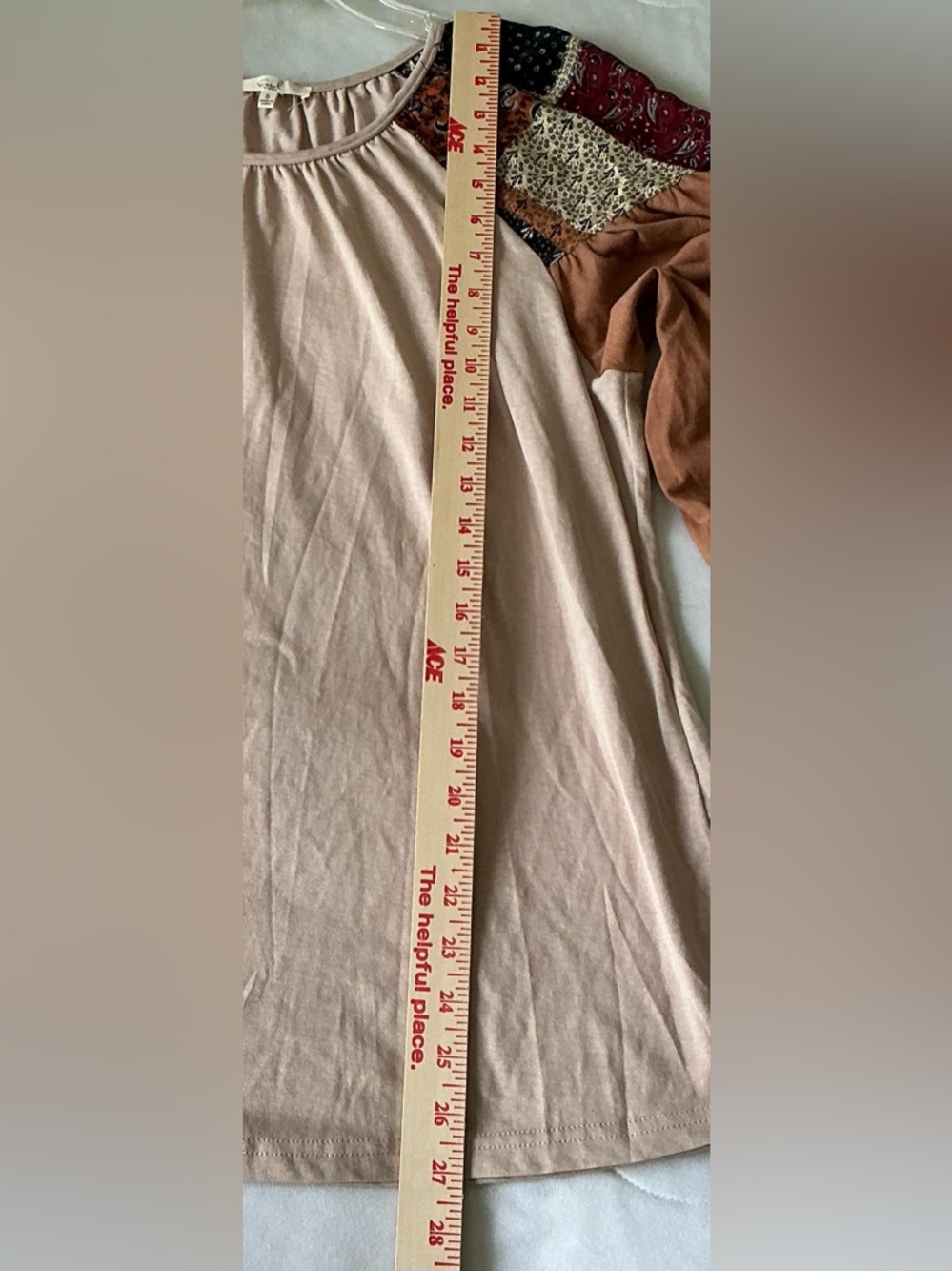 Easel Mixed Media Patchwork Top S Beige Brown Balloon Sleeve Boho Hippie Peasant - Picture 5 of 11